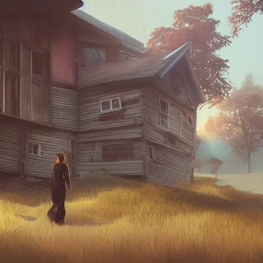 Image similar to woman leaving her wooden broken house by simon stålenhag, very highly detailed, award winning, rendered by Beeple, by Makoto Shinkai, syd meade, starwars, space art concept, digital art, unreal engine, blender, WLOP, trending on artstation, 4K UHD image, octane render