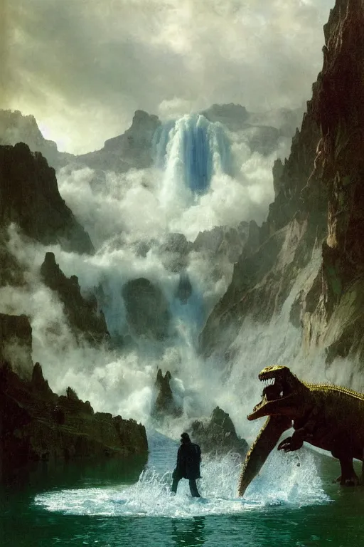 Prompt: a huge dinosaur demon emerges from lake in canadian rockies watched by three people, water splashes cascades, beautiful day, by albert bierstadt, ruan jia, lawrence alma tadema, zdzislaw beksinski, carl spitzweg, everett raymond kinstler, norman rockwell, jack kirby, tom lovell, greg staples