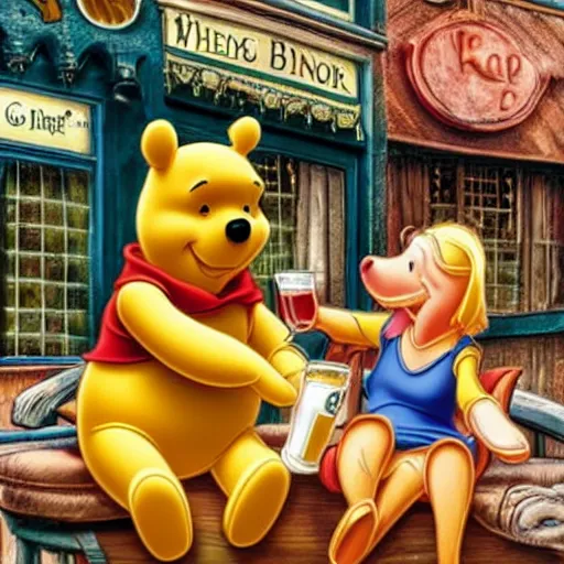 Prompt: winnie the pooh and a blonde woman enjoying a couple of pints in a pub together.