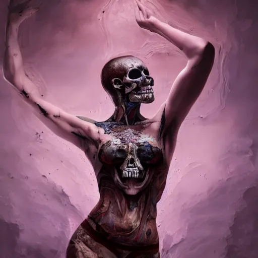 Image similar to full body pose, hyperrealistic mixed media painting of beautiful skull woman, dim volumetric lighting, 8 k, octane beautifully detailed render, extremely hyper detailed, intricate, epic composition, cinematic lighting, masterpiece, trending on artstation, very very detailed, masterpiece, stunning, hdr, smooth, sharp focus, high resolution, award, winning photo, dslr, 5 0 mm