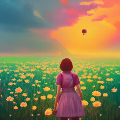 Image similar to girl with a full daisies head, surreal photography, flower field, sunset dramatic light, impressionist painting, colorful clouds, blue sky, digital painting, artstation, simon stalenhag