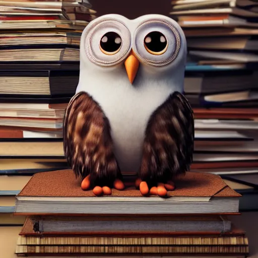 Image similar to long shot of a very cute plushy owl with eyelids half closed sitting on a pile of antique books, by esao andrews, by pixar, humorous illustration, hyperrealistic, big depth of field, fresh colors, dim light, 3 d octane render conceptart, 4 k, hyperdetailed, trending on artstation