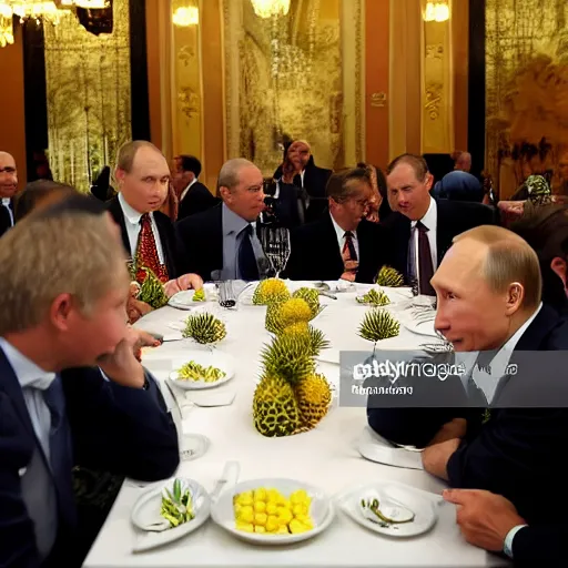 Image similar to Putin dines on tiny pineapples, at his feet huddle jaguar ladies, the room is raucous and joyful, high definition.