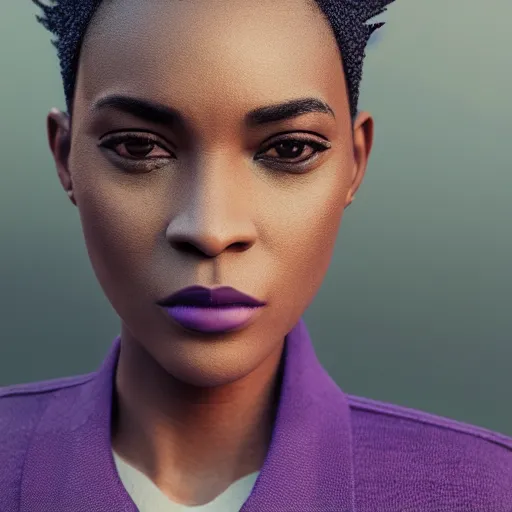 Image similar to black woman with grey bob hairstyle, purple eyes, wearing dark green bomber jacket, realistic 4 k octane beautifully detailed render, 4 k post - processing, highly detailed, intricate complexity, epic composition, magical atmosphere, cinematic lighting, masterpiece, ultra hd