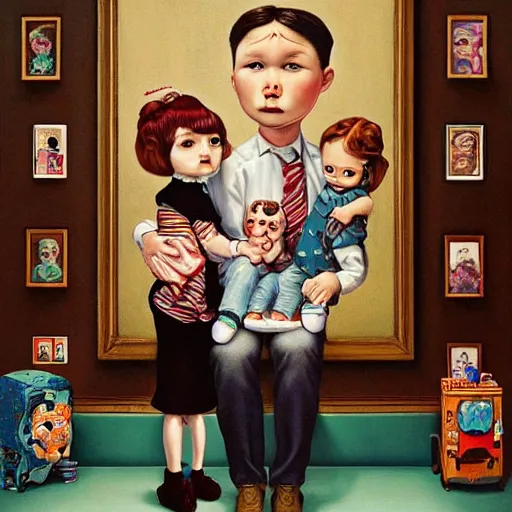 Image similar to a couple and their child portrait, living room wall background, lowbrow art pop surrealism art style, by Mark Ryden and Hikari Shimoda