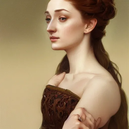 Image similar to portrait of sansa stark, intricate, elegant, highly detailed, digital painting, artstation, concept art, smooth, sharp focus, illustration, art by artgerm and greg rutkowski and alphonse mucha and william - adolphe bouguereau