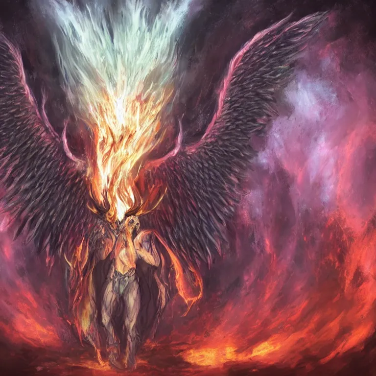 Image similar to a demon with huge nacreous fire wings