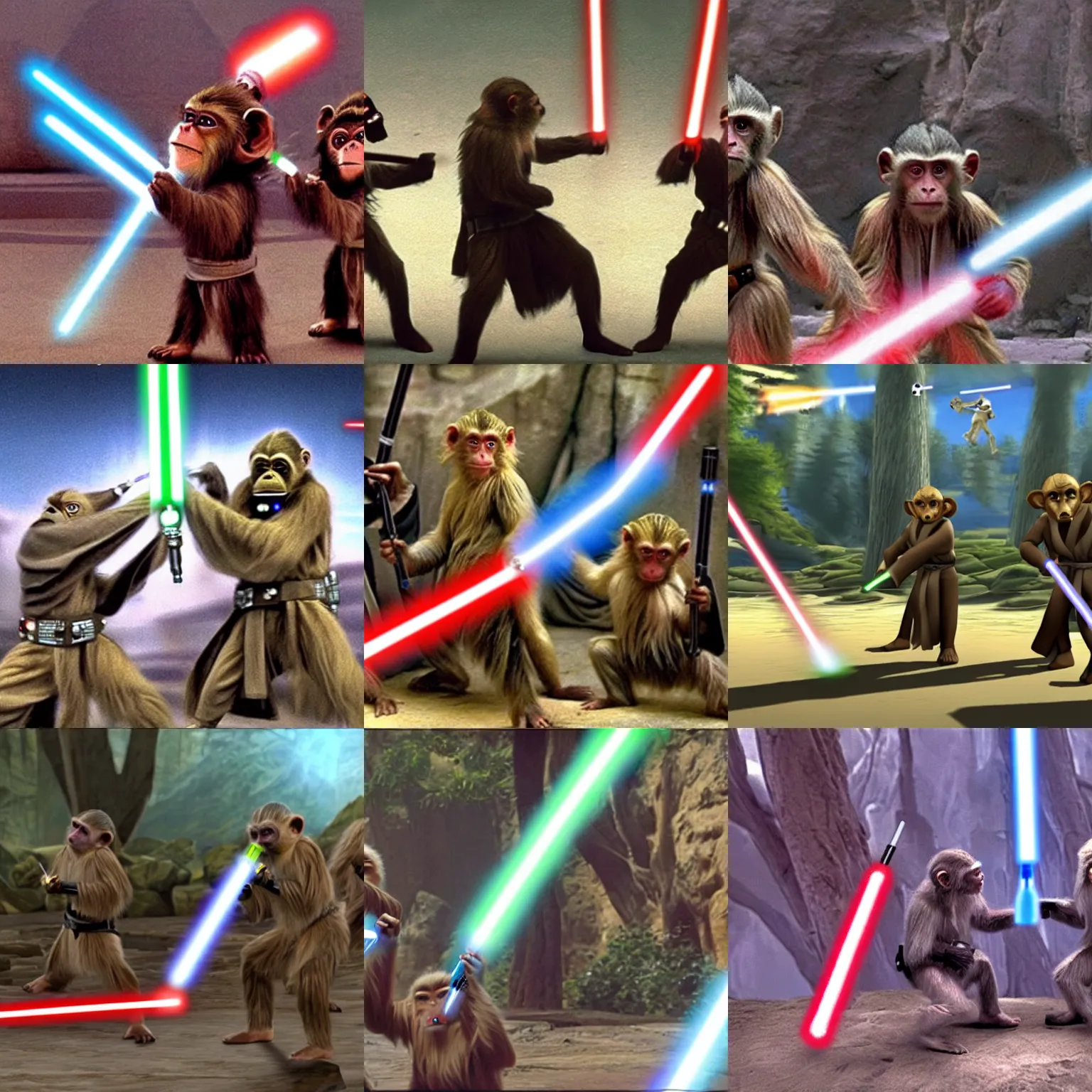 Prompt: jedi monkeys with lightsabers, screenshot from star wars