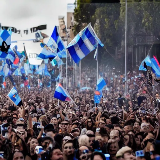 Image similar to Lady Gaga as President, Argentina presidential rally, Argentine flags behind, bokeh, epic photo, detailed face, Argentina