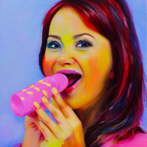 Prompt: An adorable happy woman chews on a candy as a colorful liquid flows from her mouth. Detailed oil painting.