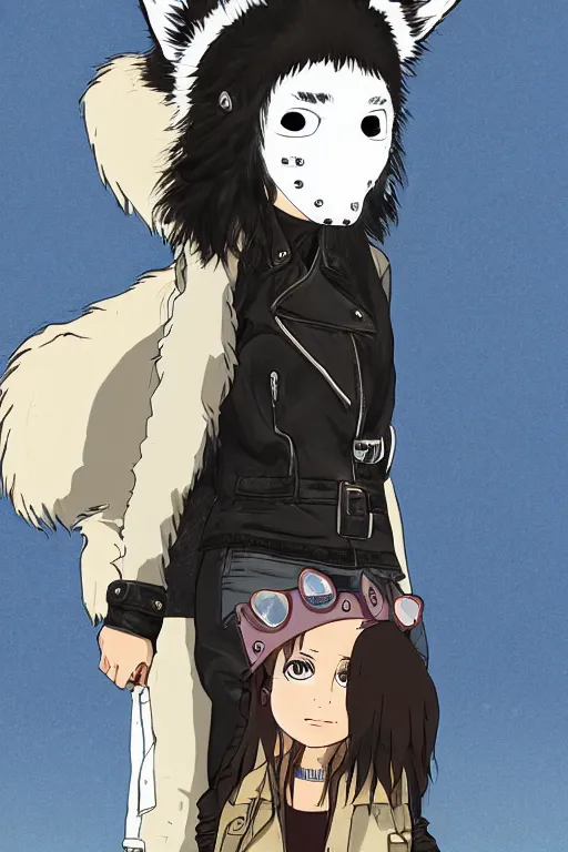 Prompt: portrait of a punk girl in a leather jacket wearing a wolf's head over her face, anime sketch, cool girl with wolf on her head, studio ghibli, miyazaki