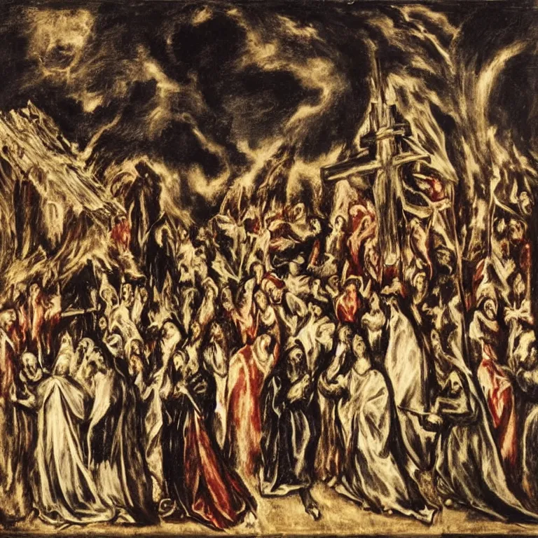 Prompt: A Holy Week procession of souls in a lush Spanish village at night. A figure at the front holds a cross. El Greco.