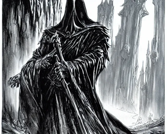 Image similar to nazgul, concept art by mike ploog, greyscale,