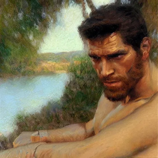 Image similar to man by the river, muscular, detailed face, correct face, painting by Gaston Bussiere, Craig Mullins