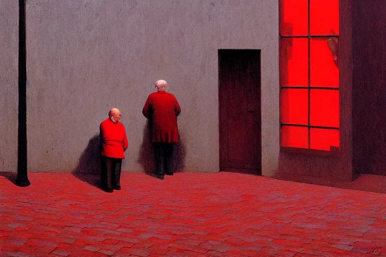 Image similar to only with red, a red old man try to sell a portrait, cheering crowd, in a old city square, in the style of beksinski, parts by edward hopper, parts by rodcenko, parts by yue minjun, intricate and epic composition, red by caravaggio, insanely quality, highly detailed, masterpiece, red light, artstation, 4 k