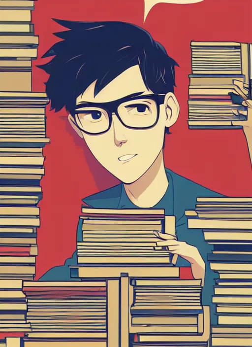 Prompt: a young man with red hair and glasses sits on top of a tall pile of books. clean cel shaded vector art. shutterstock. behance hd by lois van baarle artgerm, helen huang, by makoto shinkai and ilya kuvshinov, rossdraws, illustration, art by ilya kuvshinov