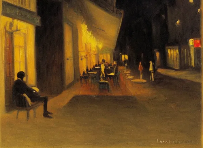 Image similar to the melancholy of sitting alone at a cafe at night in the style of Australian tonalism