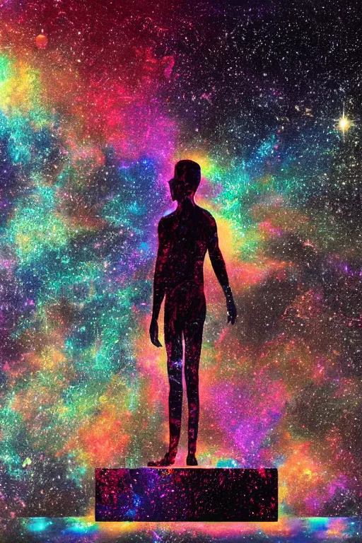 Prompt: a silhouette standing in front of holographic outter space, trending on artstation HD,