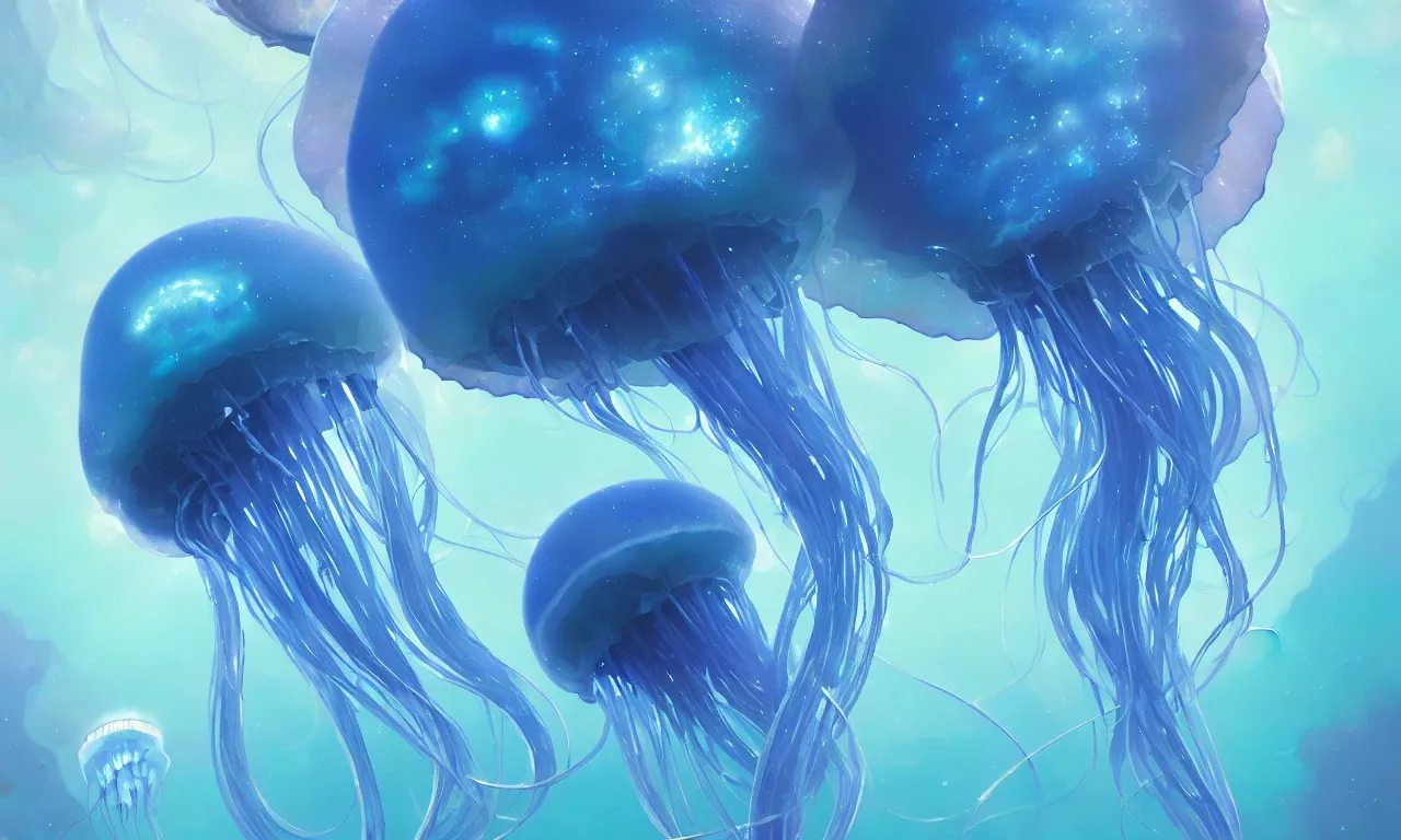 Image similar to detailed jellyfish in space, blue tones, underwater, full frame, highly detailed, digital painting, artstation, concept art, smooth, sharp focus, illustration, art greg rutkowski and alphonse mucha