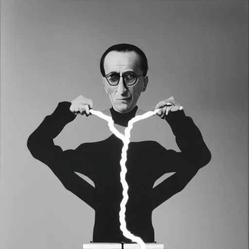 Image similar to a minimalist portrait of Marcel Duchamp holding computer cables in the style of Annie Leibovitz, Irving Penn, Hito Steyerl, Shinya Tsukamoto, Saâdane Afif, Alfredo Jaar line drawing and 35mm film, wide angle, monochrome, futuristic tetsuo