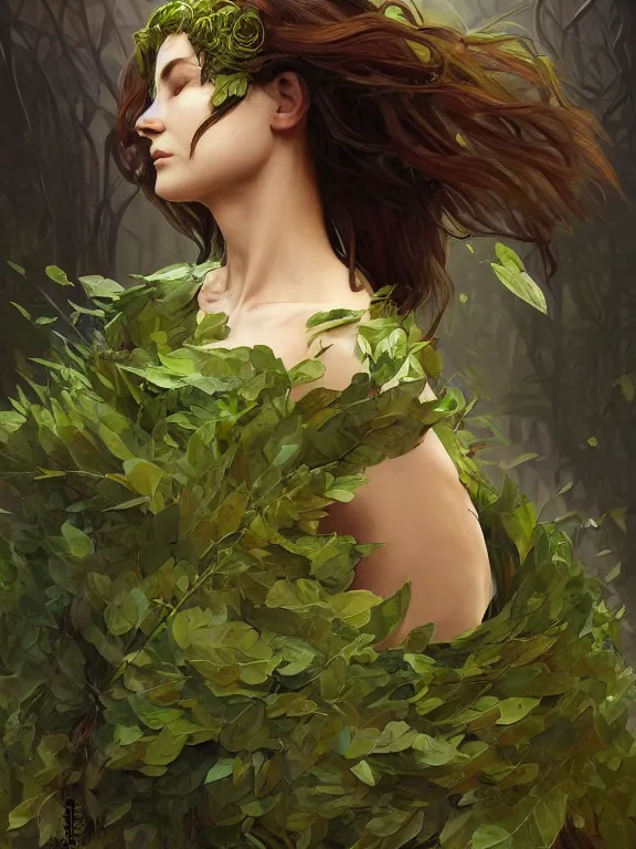 Prompt: portrait of a evil forest mage, female, dress made of green leaves, gorgeous, green hair, brown skin, curves, forest background, highly detailed, smooth, sharp focus, chiaroscuro, digital painting, artgerm and greg rutkowski and alphonse mucha