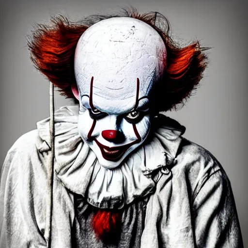 Prompt: Homeless portrait of Pennywise in scrappy clothing, HD, award winning photograph