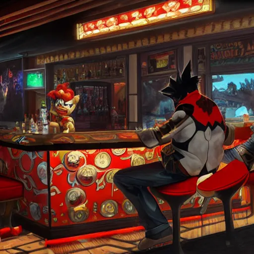 Image similar to an ultradetailed 3 d render of shadow the hedgehog and bowser sitting in a bar drinking beer, dive bar with a karaoke machine, volumetric lighting, 4 k, octane render, art by greg rutkowski and alphonse mucha and andreas rocha and albert bierstadt