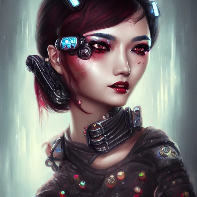 Image similar to oriental fantasy fashion girl portrait, flirtatious eyes, grin, cyberpunk, glossy eyes, face, short hair, fantasy, intricate, androgynous, highly detailed, digital painting, artstation, concept art, smooth, sharp focus, illustration