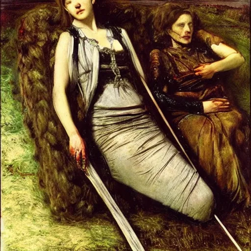 Image similar to by millais, painting, mummies, cannibals, vampires, 8 k, highly detailed,