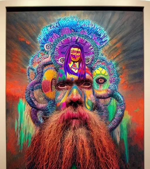 Image similar to Portrait painting in a style of Beksinski mixed with Alex Grey of an old shaman dressed in a colorful traditional clothes. Very psychodelic