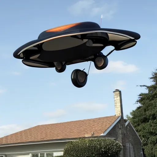 Prompt: personal flying car, suburbia, 2 1 0 0