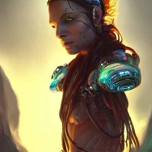 Image similar to detailed portrait of a futuristic sci - fi shaman in an impressive scene. extremely detailed. beautiful lighting. concept art. trending on artstation.