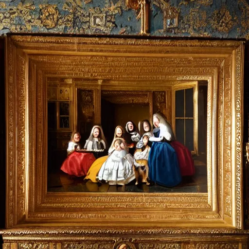 Image similar to oil canva family portrait in the main room of the castle painted in 1 6 5 6, dark room, one point of light coming through the window inspired by las meninas, spaces between subjects, detailed and realistic faces for each person in the canva, inspired by diego velasquez better quiality