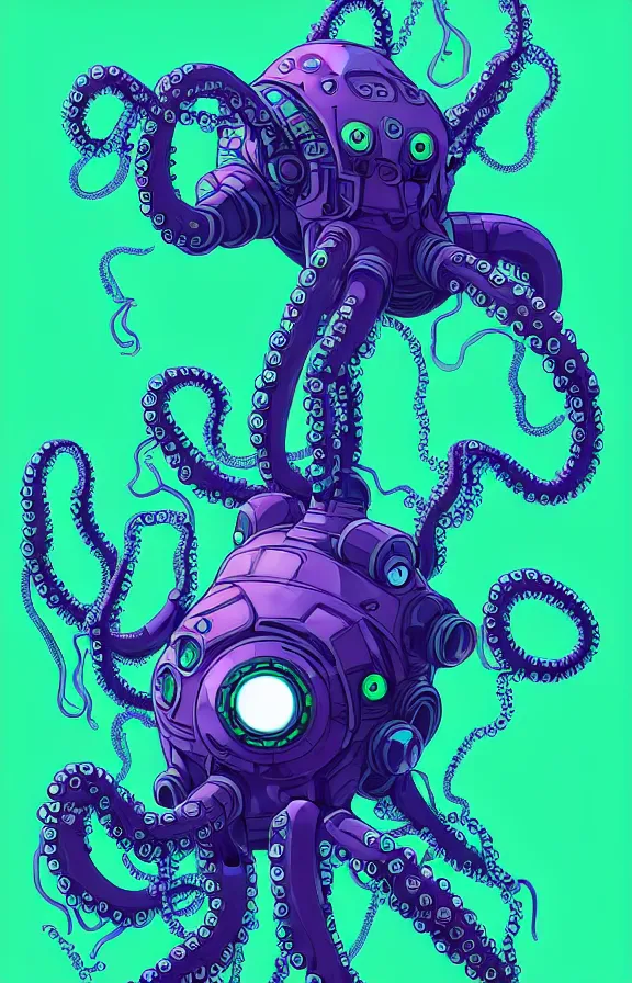 Image similar to robotic cyberpunk octopus by miyazaki, blue green purple color palette, symmetrical poster illustration, kenneth blom, mental alchemy, james jean, pablo amaringo, naudline pierre, contemporary art, hyper detailed