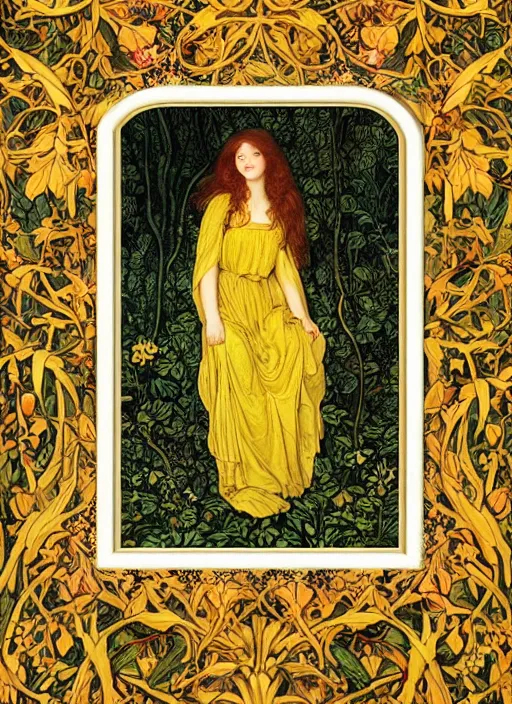Image similar to masterpiece beautiful seductive flowing curves pose preraphaelite portrait photography, straight bangs, thick set, yellow ochre ornate medieval dress, mushroom forest arch, amongst foliage, william morris and kilian eng and mucha, framed, 4 k