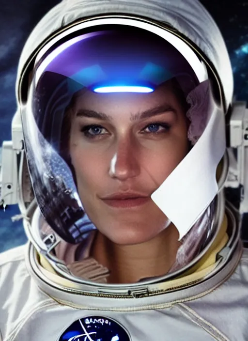 Image similar to Bar Rafaeli as an astronaut, wearing illuminated helmet, sci-fi movie art