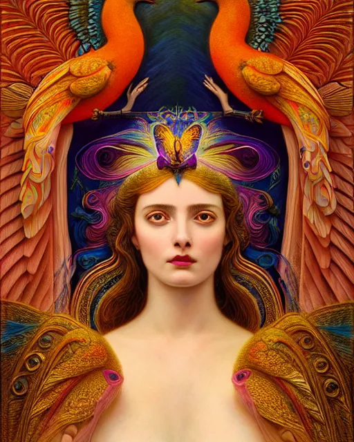 Image similar to portrait of the beautiful young goddess of birds, unusual beauty, etheric, outworldly colours, emotionally evoking symbolic metaphors, head in focus, fantasy, ornamental, intricate, elegant, highly detailed painting style photo, artstation, concept art, painterly, golden ratio, sharp focus, illustration, art by john william godward and leonora carrington,