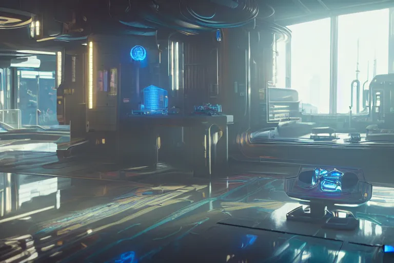 Image similar to cyberpunk 2 0 7 7, bladerunner 2 0 4 9 cyrogenic stasis pod, cybernetic symbiosis hybrid mri 3 d printer machine making a bio chemical lab, shiny knobs, amazing, fantastic, natural light in room, drone camera lens orbs, global illumination, octane render, architectural