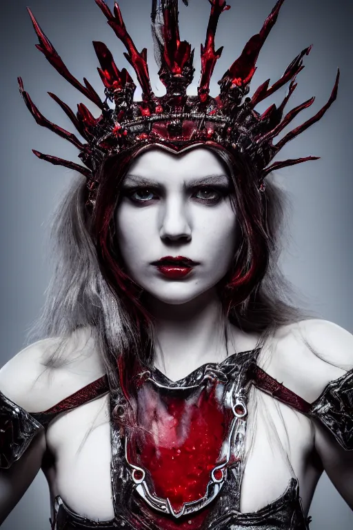 Image similar to the blood crown queen wear the scarlet armor, cinematic lighting, various refining methods, micro macro autofocus, ultra definition, award winning photo