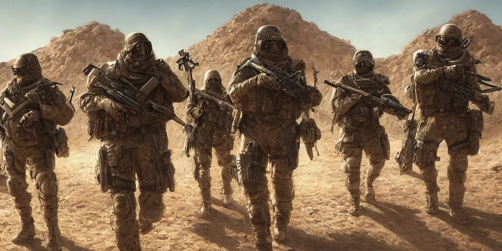 Image similar to highly detailed image of a tactical squad of hamsters dressed in tactical gear holding rifles, in a desert, stephen bliss, unreal engine, fantasy art by greg rutkowski, global illumination, detailed and intricate environment