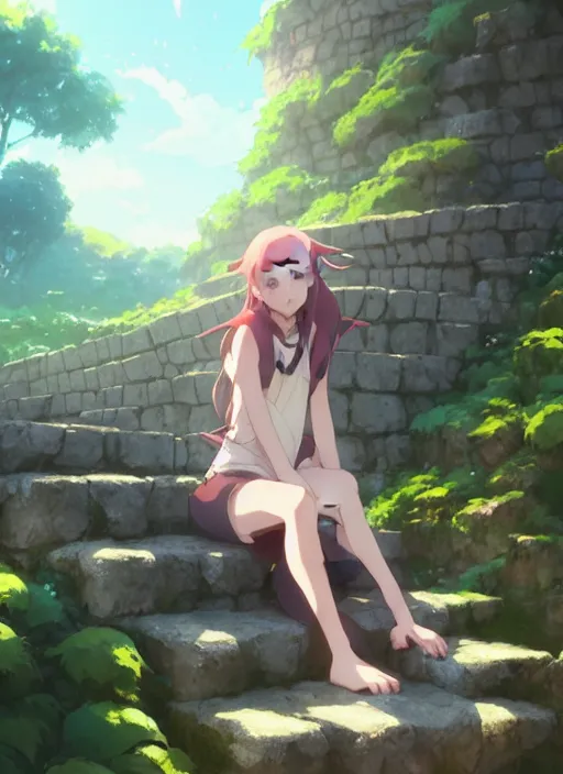 Prompt: girl sitting on a stone stair under a vine rack, illustration concept art anime key visual trending pixiv fanbox by wlop and greg rutkowski and makoto shinkai and studio ghibli