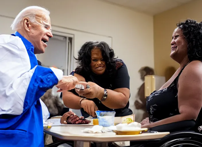 Image similar to Biden in a wheelchair getting spoon-fed by obese black woman, nursing home, award winning cinematic photography, 50 mm, blurred background, trending on twitter