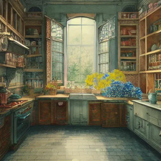 Prompt: a beautiful intricate watercolor illustration of a kitchen, flowers, leaves, 4 k, ultra - wide angle, by william turner, by victo ngai, by moebius, by gustave dore, hd, trending on artstation, hyper detailed, muted intense colors