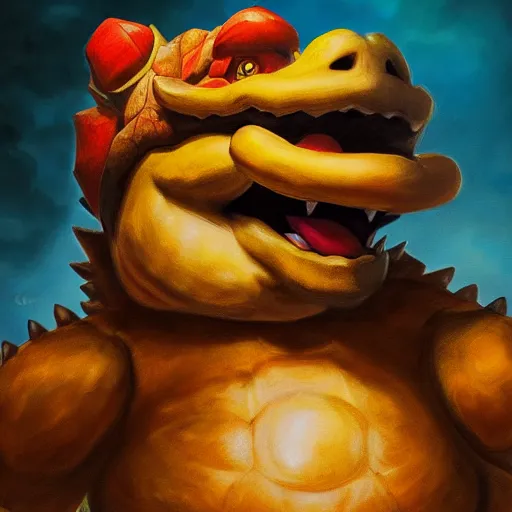 Image similar to An ultra realistic portrait painting of Bowser the Koopa King in the style of Frank Frazetta, 4k, Ultrarealistic, Highly Detailed, Dark Fantasy, Epic Lighting