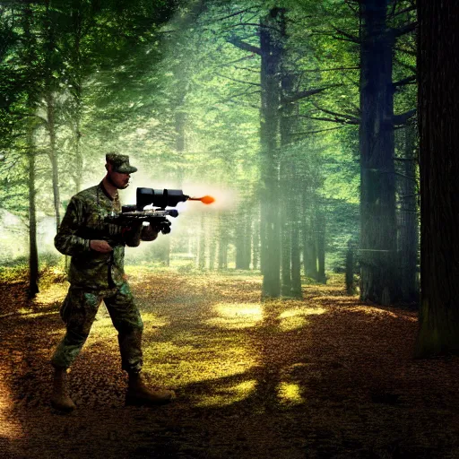 Image similar to A soldier in a forest shooting at an enemy drone with his machine gun, HDR, 8k, trending on artstation