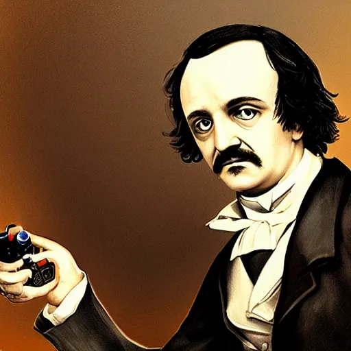 Image similar to portrait of edgar allen poe playing video games, photorealistic, highly detailed