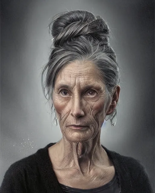 Prompt: portrait 6 0 - year - old woman, tall, severe - looking, with dark hair tied up in a bun, wearing black clothes, hyper realistic face, beautiful eyes, fantasy art, in the style of greg rutkowski, intricate, alphonse mucha, hyper detailed, smooth