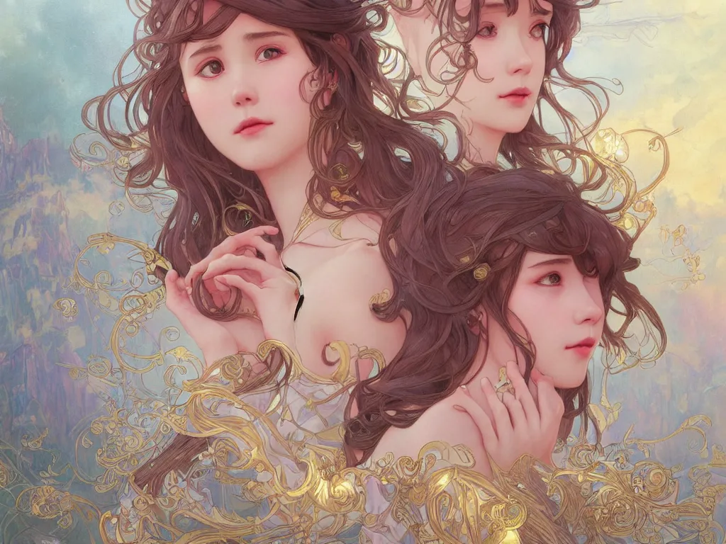 Prompt: iu novel close up cover, highly detailed, gold filigree, romantic storybook fantasy, soft cinematic lighting, award, disney concept art watercolor illustration by mandy jurgens and alphonse mucha and alena aenami, pastel color palette, featured on artstation