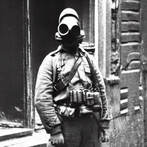 Image similar to police officer posing wear gas mask during world war ii in istanbul, photo, realistic