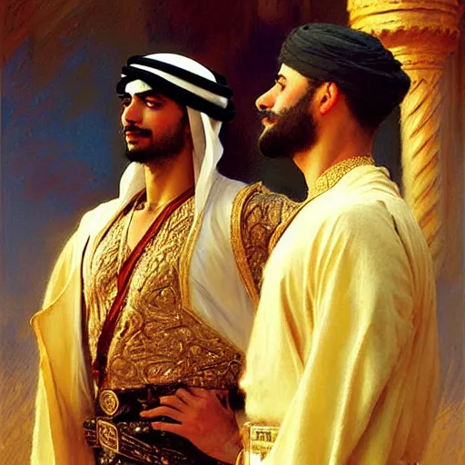 Image similar to attractive arab king in love with his attractive male prince. highly detailed painting by gaston bussiere, craig mullins, j. c. leyendecker